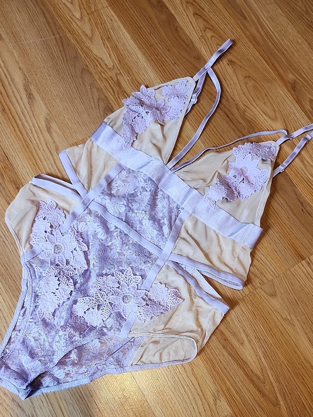 Jessica Simpson Lavender Lace & Nude Sheer Bodysuit